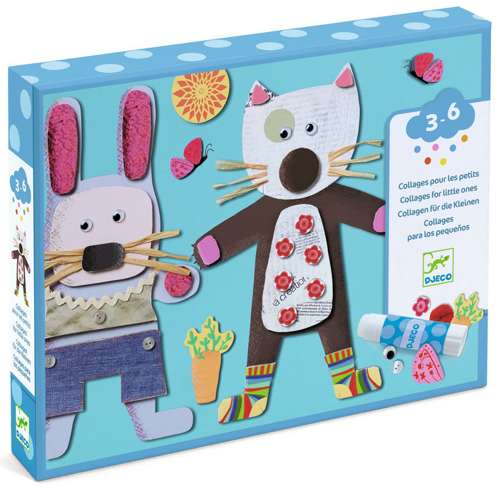 The DJECO Collages for Little Ones Craft Kit is ideal for young artists aged 3-6. It features a bunny, cat, textured paper and fabric pieces. The blue box, decorated with flowers and butterflies, includes a glue stick and is made from FSC® Certified Paper.