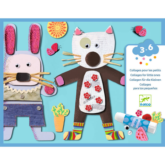 DJECOs Collages for Little Ones Craft Kit made with FSC® Certified Paper features a vibrant set for young artists, including paper crafts of a rabbit and cat. Bright flowers, butterflies, and glue sticks add fun, with multilingual text on packaging.