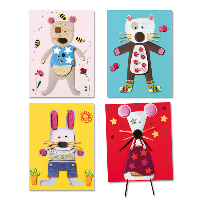 The DJECO Collages for Little Ones Craft Kit, made with FSC® Certified Paper, features four colorful animal designs: a bear with bees (top left), a cat with butterflies (top right), a rabbit with plants (bottom left), and a mouse with stars (bottom right), all crafted from assorted textures and patterns.