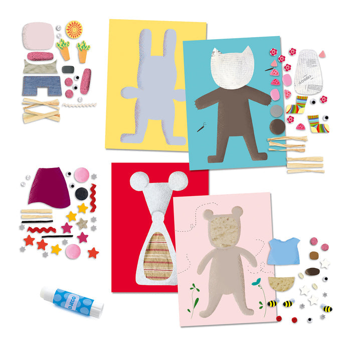 The DJECO Collages for Little Ones Craft Kit is ideal for young artists, featuring FSC® Certified Paper and materials like felt pieces, buttons, stars, and glue to decorate animal silhouettes on four vibrant cards. This creative toy sparks imagination with various fun crafting elements.