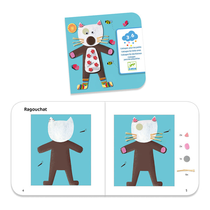 Collages for Little Ones Craft Kit by DJECO features an art and craft book highlighting a cute cartoon cat collage with a white head, brown body, and colorful accents. The cover shows the cat with bees and a ladybug, while the open pages illustrate instructions and paper pieces.