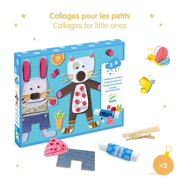A colorful collage art kit for children aged 3-6 features animal characters. The box shows a rabbit and cat with clothes decorated with various textured materials. Includes accessories and glue. Text reads "Collages pour les petits" and "Collages for little ones.
