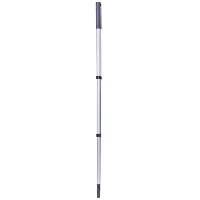 The Collapsible Universal Handle by Grove Co. features a gray handle and black locking mechanisms. Made of recycled materials, this silver telescopic pole extends fully for multi-purpose cleaning or reaching high places effortlessly.