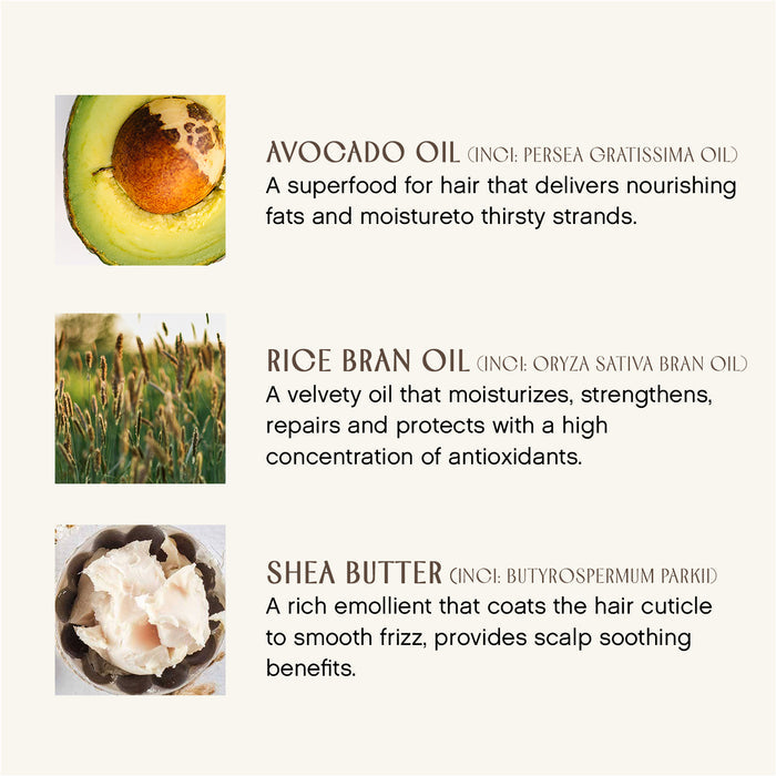 Image featuring three hair care ingredients with descriptions: Avocado oil with half an avocado, rice bran oil with rice plants, and shea butter with a close-up of shea nuts. Each ingredient's benefits for moisturizing and protecting hair are highlighted.