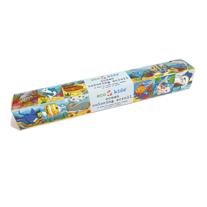 The Coloring Scroll from eco-kids features vibrant ocean-themed packaging with sea creatures like fish, turtles, and sharks. Labeled ocean art coloring scroll, the perforated rolls allow for easy tearing, ensuring endless fun for kids.