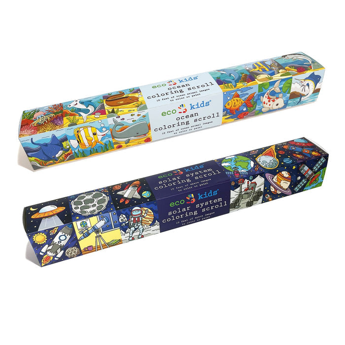 Two vibrant eco-friendly coloring scrolls by eco-kids are displayed, crafted from premium paper. The top features ocean-themed illustrations; the bottom showcases solar system imagery. These perforated rolls provide educational fun and can be easily displayed with temporary adhesive.