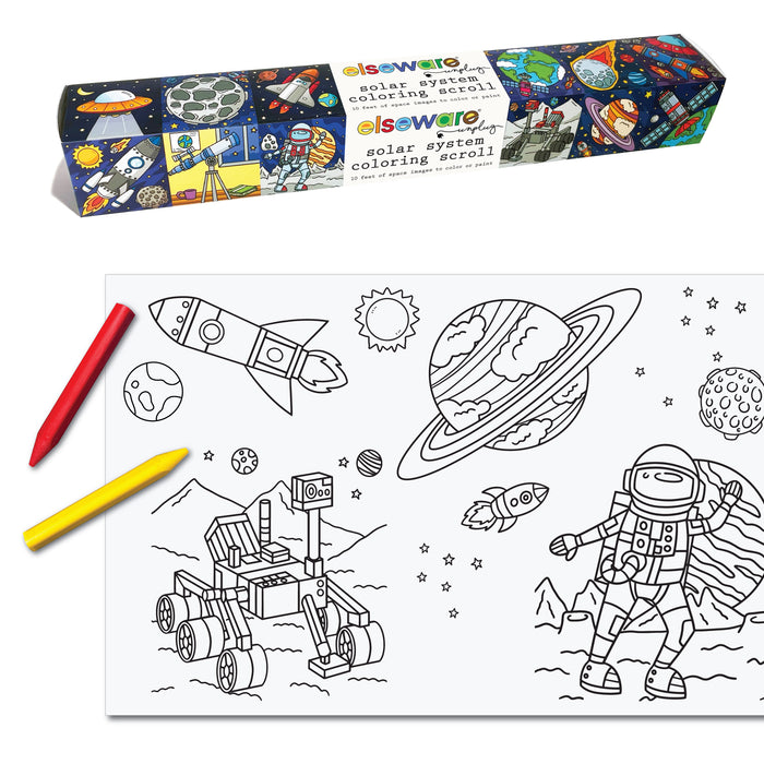 The Elseware Unplug Coloring Scroll features black-and-white space scenes—planets, rocket, astronaut, and rover—on perforated sheets. Includes red and yellow crayons. The packaging showcases vibrant space-themed artwork.