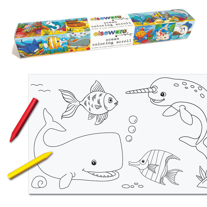 The Elseware Unplug Coloring Scroll is shown boxed above a partially unrolled sheet featuring outlined sea creatures—a whale, fish, narwhal, and angelfish—with red and yellow crayons beside the perforated roll.
