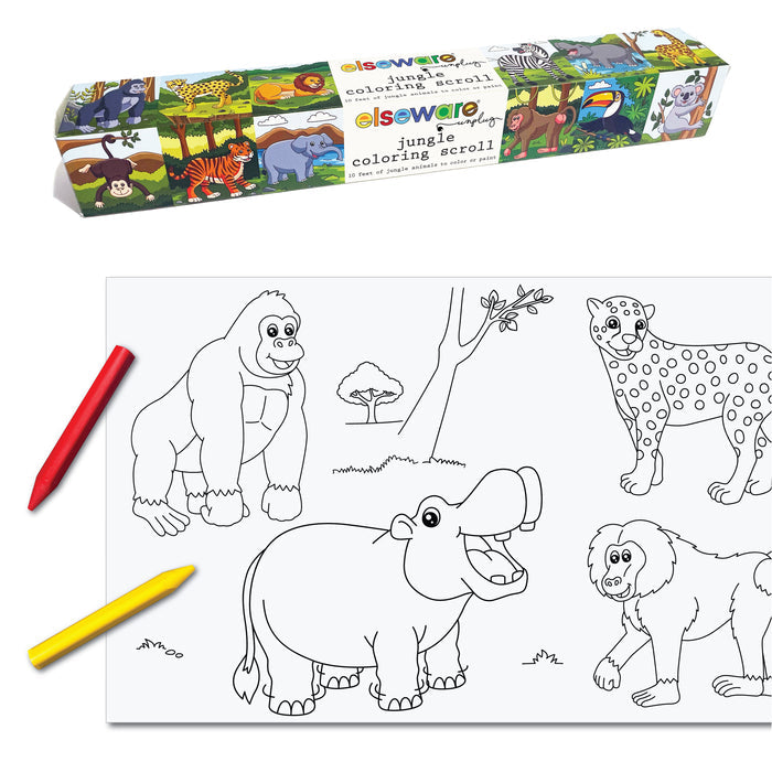 The Elseware Unplug Coloring Scroll features jungle animal outlines (gorilla, hippo, cheetah, monkey) and comes in a perforated roll for easy sharing. The box displays vibrant jungle illustrations and includes red and yellow crayons.