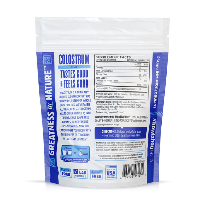 The back of the Colostrum Gummies Gummy package by Zhou Nutrition shows product details, showcasing Greatness by Nature™. It highlights the superfood benefits of these treats, including supplement facts, usage directions for kids and adults, and various certifications.