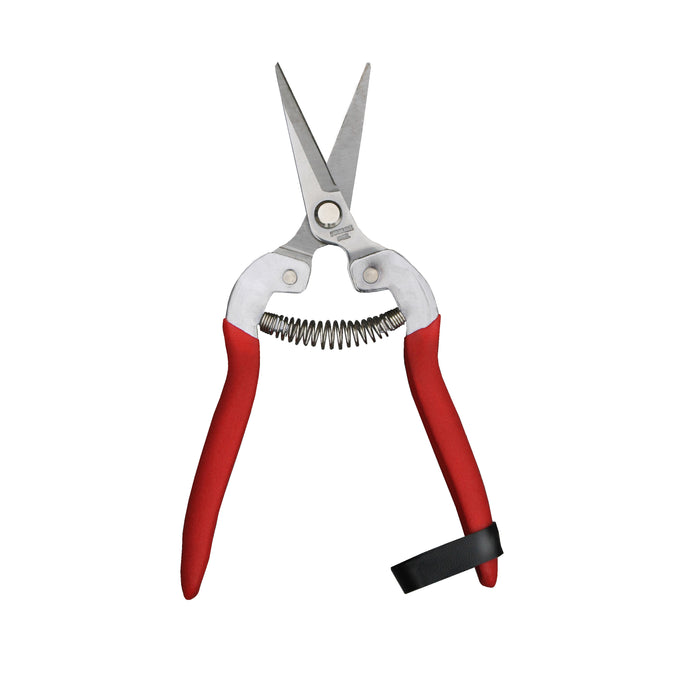The Womanswork Compact Pruning Shears feature stainless steel blades with pointed tips and red rubber-coated handles. The open handles reveal a metal spring, and theres a black strap attached to one handle for convenience.