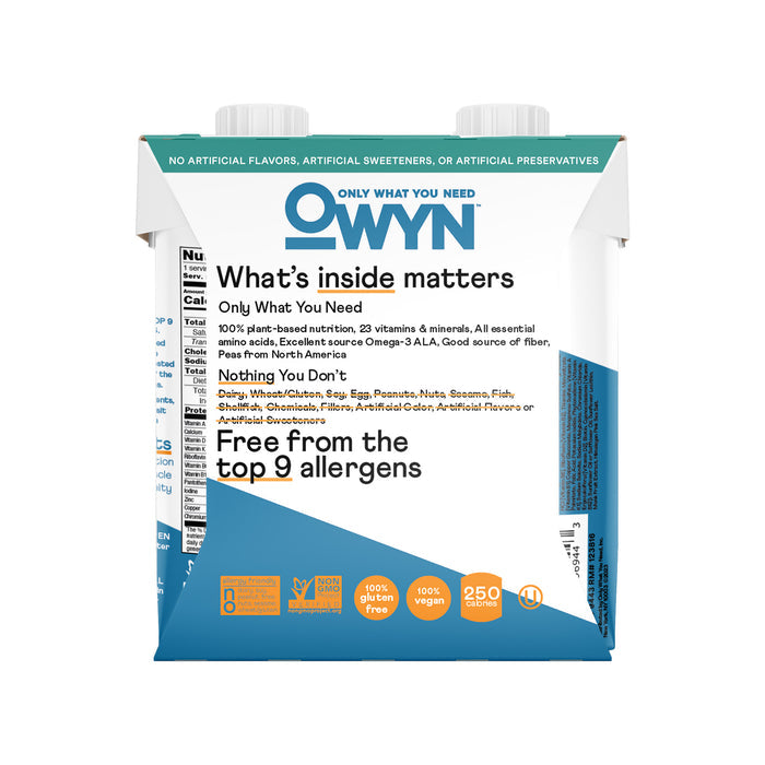 The OWYN Complete Nutrition Shake carton is blue and green with white text and features phrases like Whats inside matters. It highlights 100% plant-based nutrition, provides 20 grams of plant protein, contains vegan omega-3s, and is free from the top 9 allergens.