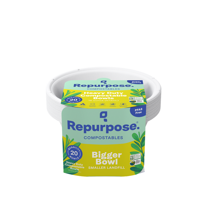Repurpose Compostable Bigger Bowls come in green and yellow packaging labeled Compostables, Heavy Duty, and 20 count. Made from sugarcane scraps, they are PFAS-free, non-toxic, and eco-friendly.