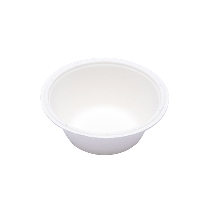 A wide-rimmed, plain white compostable bowl, viewed from above and empty against a white background. Made by Repurpose using non-toxic sugarcane scraps.