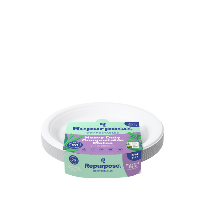 A stack of white Compostable Everyday Plates by Repurpose, made from sugarcane, features a paper label noting they are plant-based, non-toxic, PFAS free, and come in a 20-count pack.