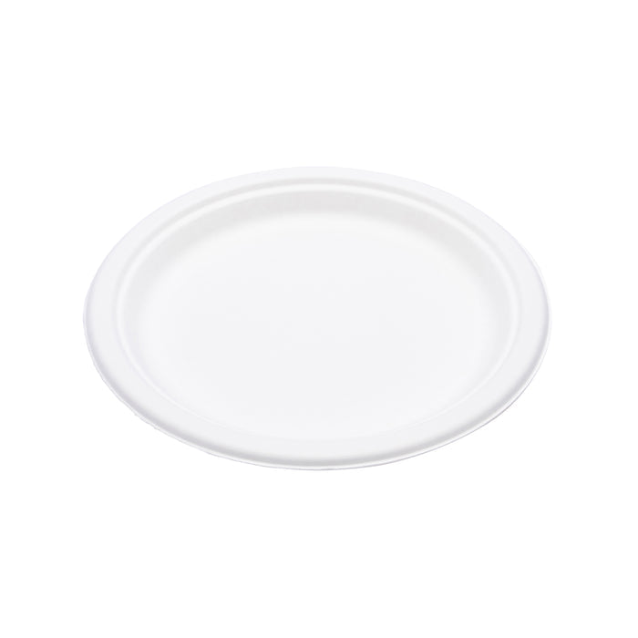 Viewed from above against a white background, the Compostable Dinner Paper Plates by Repurpose feature a plain, round white design made from sugarcane scraps with a slightly raised edge.