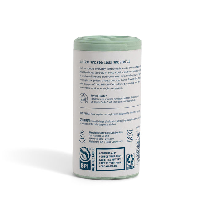 A roll of Grove Co. Compostable Food Scrap Bags in pale green, featuring eco-friendly certifications and printed instructions on a white label—an ideal sustainable alternative to single-use plastic kitchen bags, promoting WasteZero.