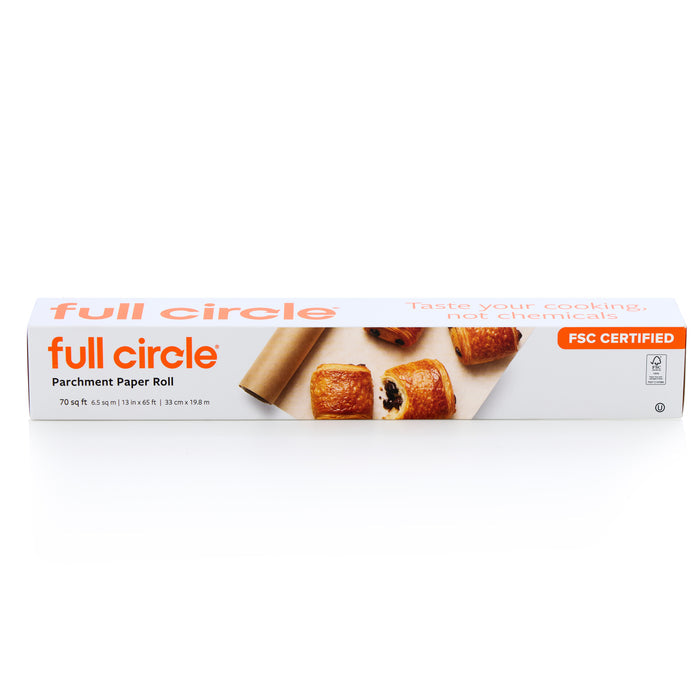 A rectangular box of Full Circle Compostable Parchment Paper Roll, with the brand name in orange, images of baked goods, and an FSC Certified label at the top right. Made with non-toxic silicone for safe baking.