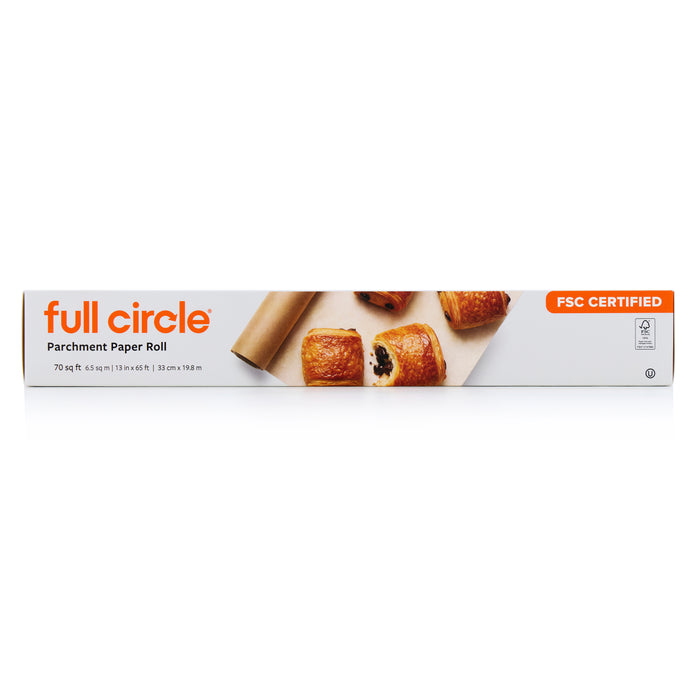 A rectangular box of Full Circle Compostable Parchment Paper Roll with images of pastries and the roll, labeled FSC Certified, highlights non-toxic silicone, product dimensions, and Full Circle branding.