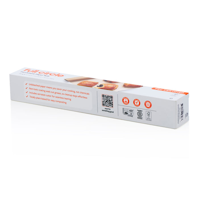 A box of Full Circle Compostable Parchment Paper Roll displaying eco-friendly icons, food images, and details about its non-toxic silicone coating that makes it compostable and convenient to use.