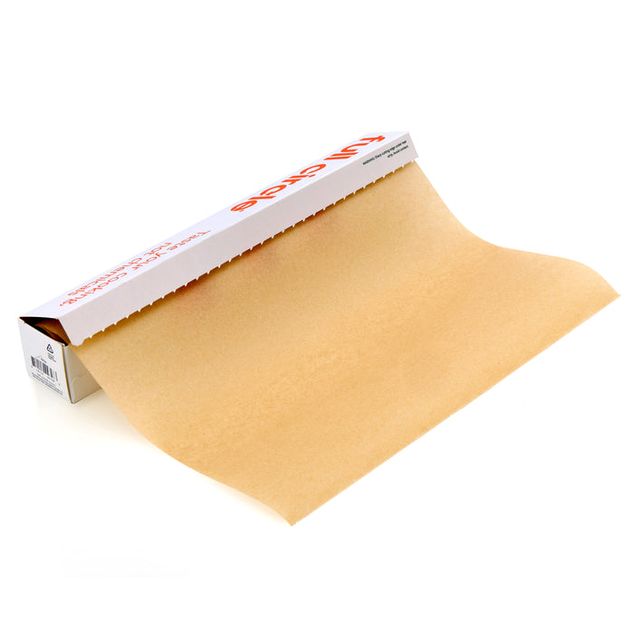 A roll of Full Circle Compostable Parchment Paper is partially unrolled from a white box with red text, set against a white background.