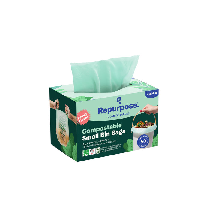 Repurpose Compostable Small Bin Bags shown with a green bag pulled out. The packaging highlights “Family Count,” “Multi-Use,” 50 plant-based compostable bags, plus images of hands using the bags.