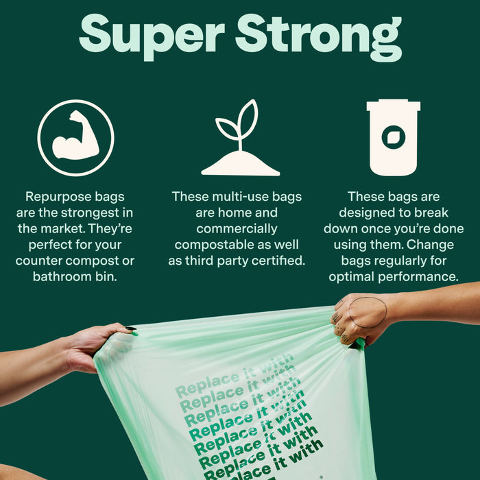 Two hands stretch a green Repurpose Compostable Small Bin Bag. Above, three icons and text showcase its strength, compostable material, and versatile use, with a reminder to replace regularly for best results.