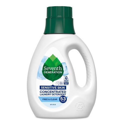 A bottle of Seventh Generation Concentrated Laundry Detergent for sensitive skin is white with a green cap, labeled free and clear, suitable for 53 loads. It features enzyme stain removal and is safe for sensitive skin.