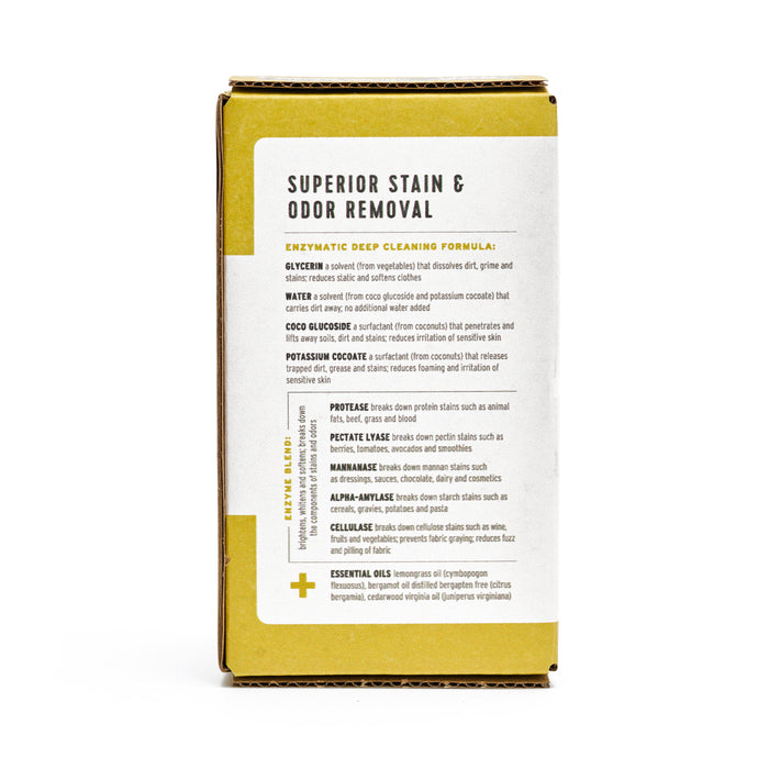 The image displays the back of a Root & Splendor Concentrated Laundry Detergent box, promoting its superior stain and odor removal with an eco-friendly, enzymatic deep cleaning formula made from all-natural ingredients. The white background highlights a yellow section with informative text.