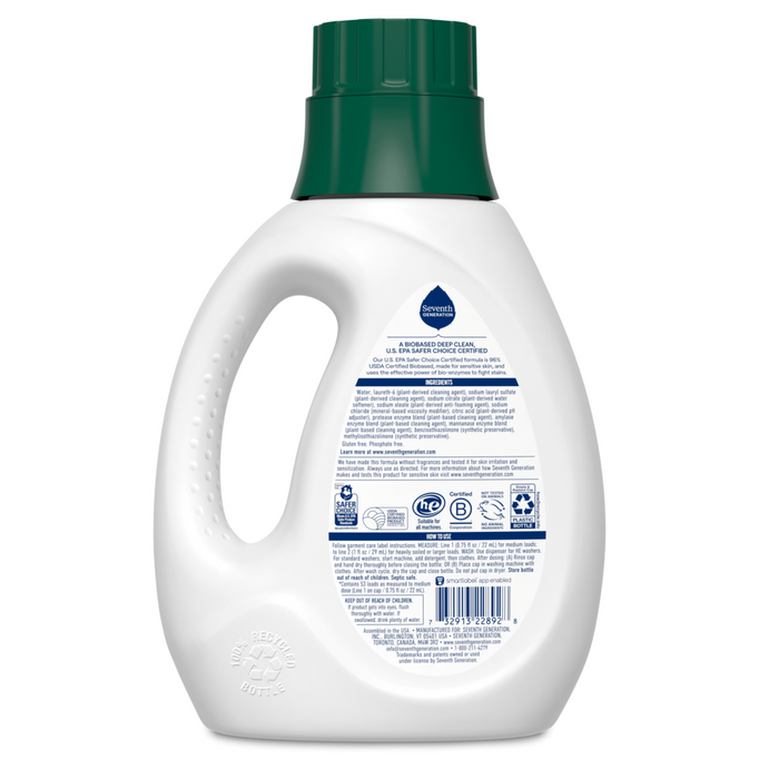 The back of a white Seventh Generation Concentrated Laundry Detergent bottle, featuring a green cap and built-in left-side handle, is shown. The label details its fragrance-free formula with symbols to highlight its ease of use for effective cleaning.