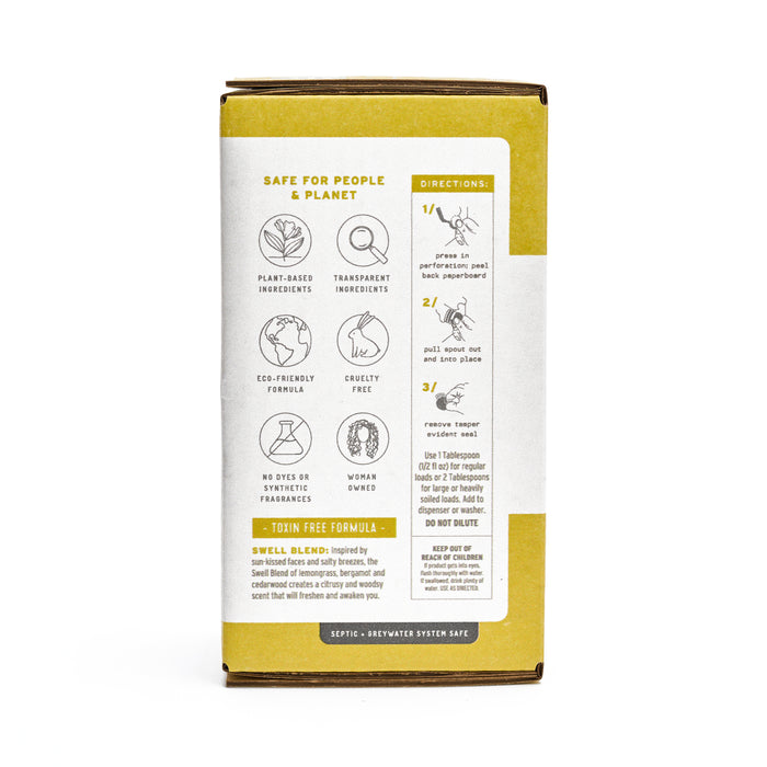 The side of the Root & Splendor Concentrated Laundry Detergent package displays symbols for its eco-friendly, ultra-concentrated formula, transparency, and cruelty-free status. It proudly states being woman-owned and includes illustrated directions and a warning section for safe use.