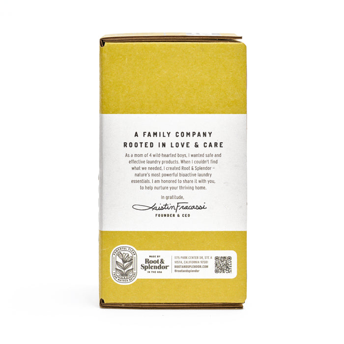 The packaging image for Root & Splendors Concentrated Laundry Detergent displays a yellow and white theme, highlighting the brands commitment to safe, effective cleansing with an eco-friendly formula, as endorsed by founder and CEO Kristin Fracassi.