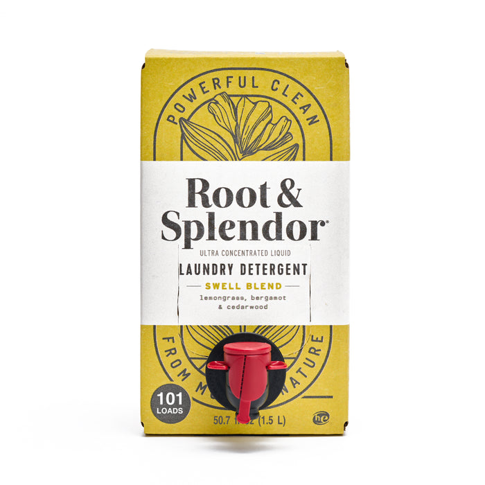 Root & Splendors Concentrated Laundry Detergent in a yellow box with a red spout offers 101 loads with lemongrass, bergamot, and cedarwood scents. The eco-friendly formula promises a Powerful Clean and is From Nature.