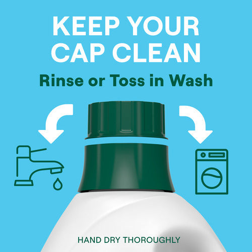 A bottle cap against a blue background reads: KEEP YOUR CAP CLEAN. Wash or rinse with Seventh Generation Concentrated Laundry Detergent. Features faucet and washing machine icons, with text below: HAND DRY THOROUGHLY.