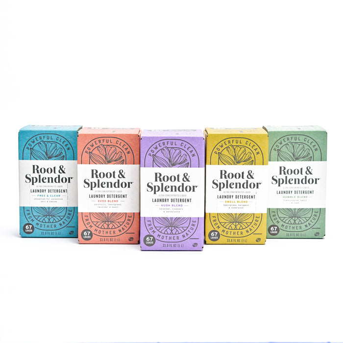 Five vibrant boxes of Root & Splendors Concentrated Laundry Detergent, each uniquely colored in teal, pink, purple, yellow, and green with circular designs, showcase their eco-friendly formula. Each box is ultra-concentrated for 67 loads and highlights its all-natural ingredients.