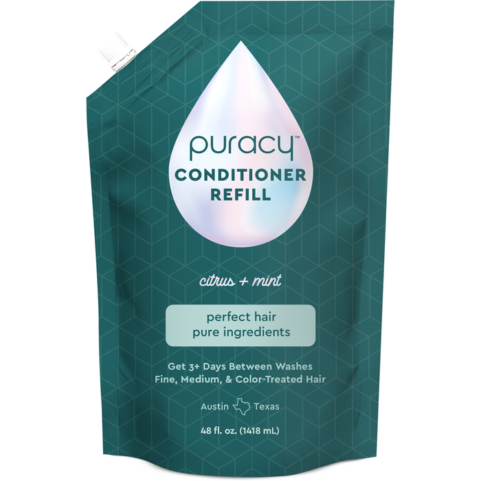 The Puracy Conditioner Refill Pouch, containing 48 fl. oz. and infused with refreshing citrus and mint, provides deep hydration for fine, medium, and color-treated hair. This silicone-, dimethicone-, and sulfate-free formula is enriched with natural essential oils to naturally revitalize your locks.