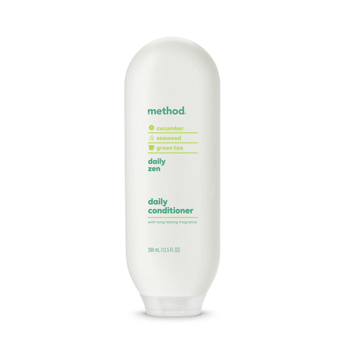 The 399 ml method Daily Zen conditioner is cruelty-free and features cucumber, seaweed, and green tea. It comes in a recycled plastic bottle with light green text on a white background, highlighting style and sustainability.