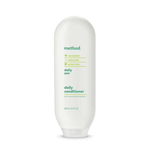 The 399 ml method Daily Zen conditioner is cruelty-free and features cucumber, seaweed, and green tea. It comes in a recycled plastic bottle with light green text on a white background, highlighting style and sustainability.