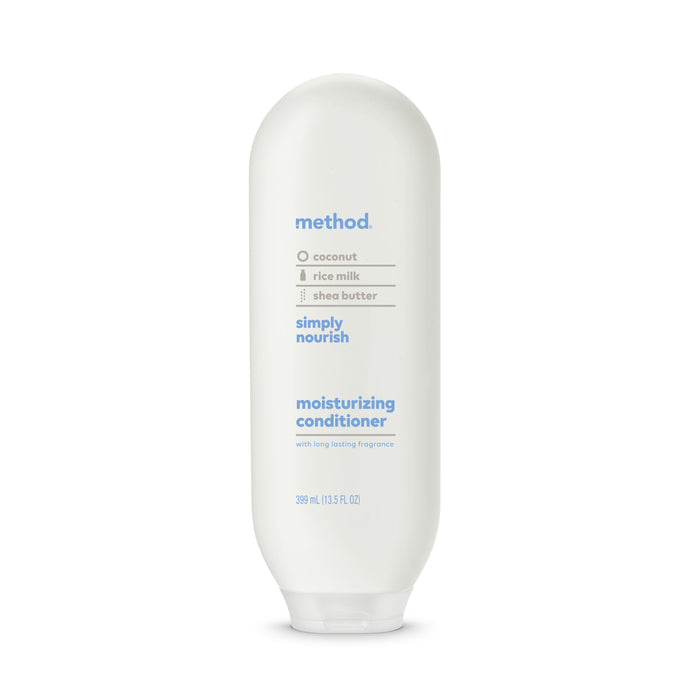 A white 390 ml method conditioner bottle touts coconut, rice milk, and shea butter. Its labeled Simply nourish, with long-lasting fragrance and a cruelty-free formula. Made from recycled plastic, it offers moisturizing benefits.