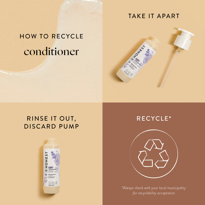 Discover how to recycle The Honest Company’s silicone-free conditioner bottle. Top left: Recycling Guide. Top right: Disassemble next to a bottle and pump. Bottom left: Rinse chamomile extract, remove pump. Bottom right: Recycle with a recycling symbol.