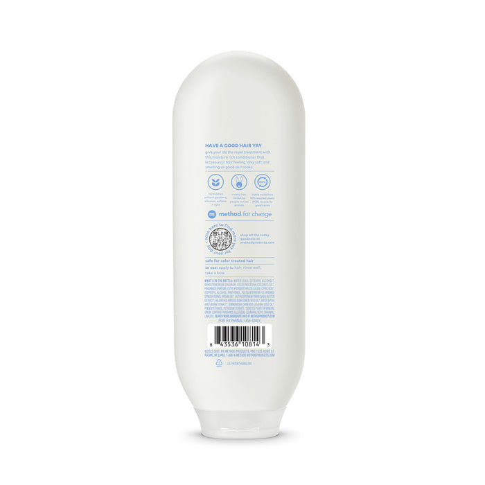 The back view of a white plastic bottle features blue text and logos. The label of methods cruelty-free Conditioner displays product information, usage instructions, and a barcode at the bottom. The bottle stands upright against a plain white background.