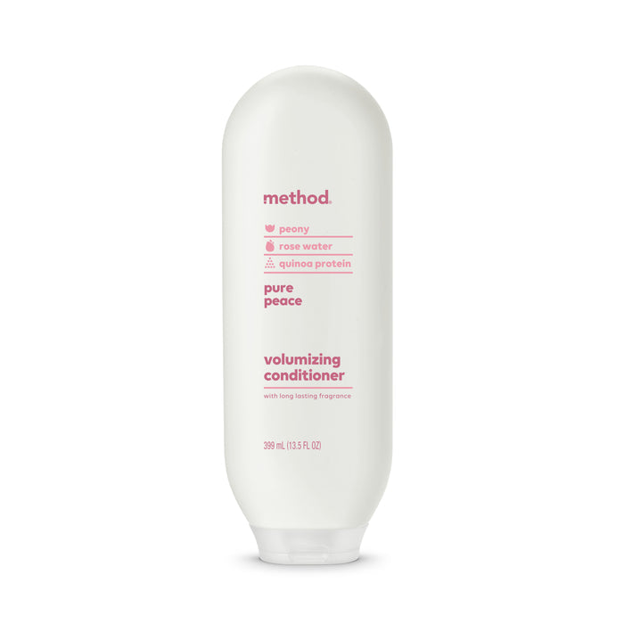 Method Pure Peace Volumizing Conditioner is a cruelty-free, 399 ml (13.5 fl oz) bottle made from recycled plastic. It features pink text with ingredients like peony, rose water, and quinoa protein for luscious volume.