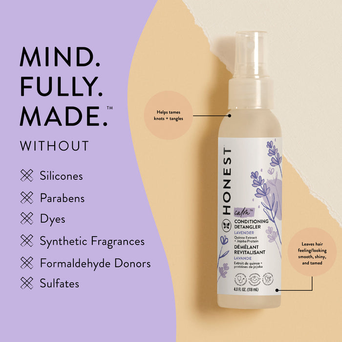 A bottle of The Honest Company Conditioning Detangler, featuring a calming scent of lavender and vanilla, is set against a beige and purple background. Its formulas are uniquely free from silicones, parabens, dyes, synthetic fragrances, formaldehyde donors, and sulfates for silky-smooth hair.
