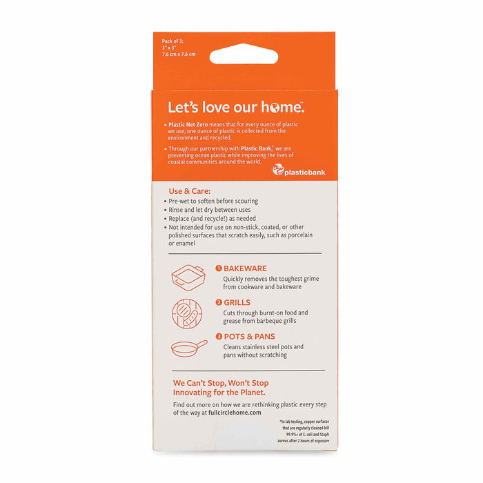 The image displays the back of a Full Circle Copper Scourer Set package, highlighting antimicrobial features and eco-friendly benefits. It includes usage instructions for bakeware, grills, and pots with a focus on reducing ocean-bound plastic waste.