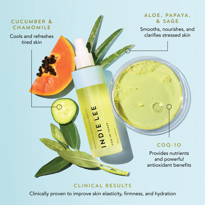 A bottle of Indie Lee CoQ10 Toner - Travel sits among cucumber, chamomile, aloe, papaya, and sage. Text highlights this hydrating favorite’s skin-loving ingredients and clinical results for improved elasticity and hydration.