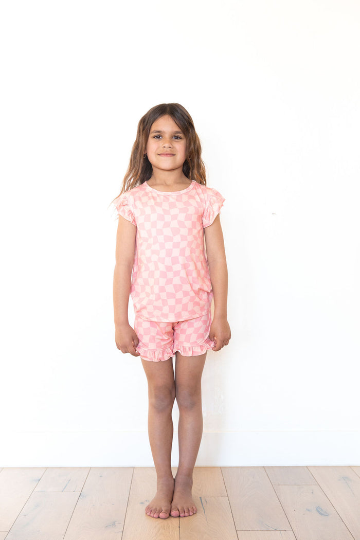 CORAL PINK WAVY CHECKER | RUFFLE SHORT SET