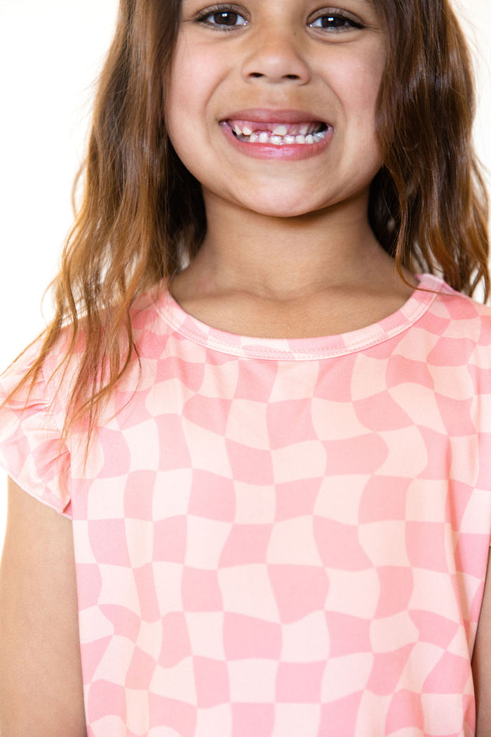 CORAL PINK WAVY CHECKER | RUFFLE SHORT SET