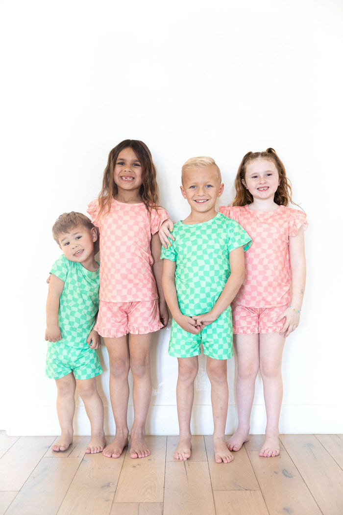 CORAL PINK WAVY CHECKER | RUFFLE SHORT SET