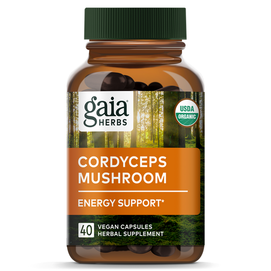 Experience Gaia Herbs Cordyceps Mushroom supplement—40 vegan capsules offering Energy Support. The adaptogen, marked as USDA Organic, is promoted against a tranquil forest scene for a natural energy boost.