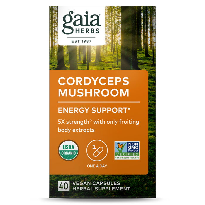 Gaia Herbs Cordyceps Mushroom capsules offer energy support and adaptogen benefits with 5X strength. USDA Organic and Non-GMO Project Verified, this product includes 40 vegan capsules, recommended at one per day.